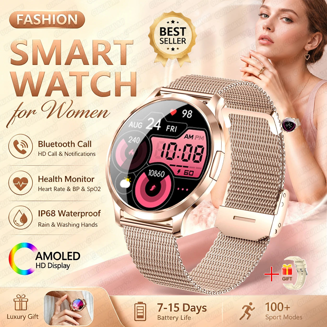 Fashion Women Smart Watch 1.32”AMOLED 100+dials Heart Rate Blood Oxygen Blood Pressure Monitoring Waterproof Give a Gift 2026New