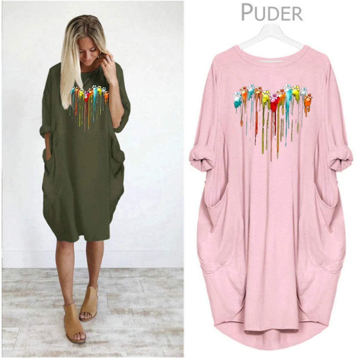 Women's Spring and Summer Footprint Heart Printed Casual Fashion Loose Large Size Long Sleeve Pocket Dress
