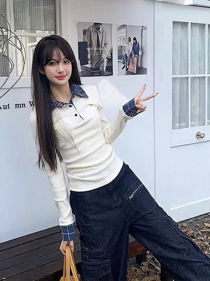 Preppy Polo Neck Plaid Long sleeve T shirt Women Fake Two-piece Basic Top V neck Button Blouses Tees Embroidery High-quality