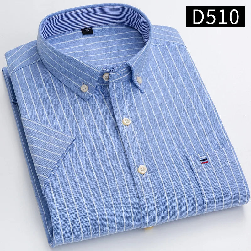New Men's Social Shirt Short Sleeve 100% Pure Cotton Oxford Soft Buttoned Plaid Formal Male Clothes Pocket Social Shirt S-7XL