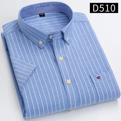New Men's Social Shirt Short Sleeve 100% Pure Cotton Oxford Soft Buttoned Plaid Formal Male Clothes Pocket Social Shirt S-7XL