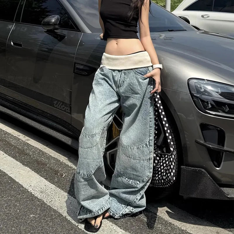 Women Vintage Blue Thread Elastic Waist Baggy Jeans American Retro Washed Denim Pants Streetwear Casual Mom Bf Trousers