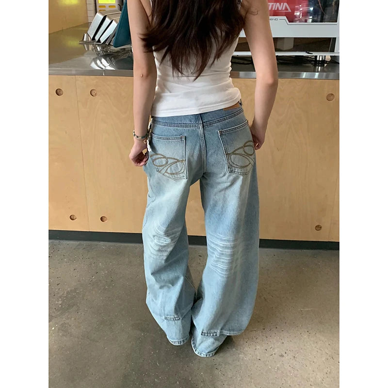 YIBASHU Women Baggy Jean American Retro Denim Blue Pants Y2k Design High Street Wide Fit Cowboy Japanese Harajuku Long Trousers