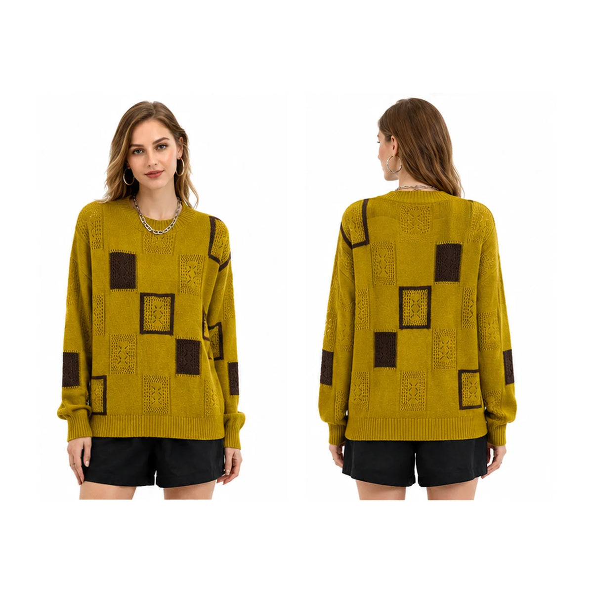 Color Block Square Patchwork Knit Sweater for Women, Hollow Cable Knit Crew Neck Long Sleeve Pullover, Loose Drop Shoulder Casual Jumper for Fall Winter