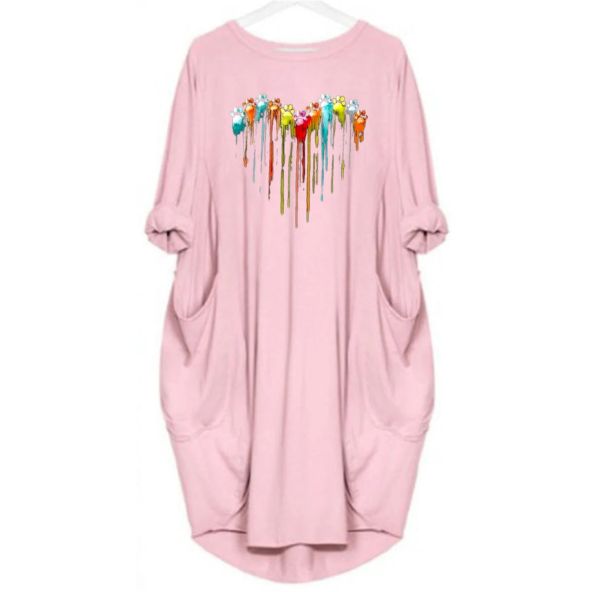 Women's Spring and Summer Footprint Heart Printed Casual Fashion Loose Large Size Long Sleeve Pocket Dress