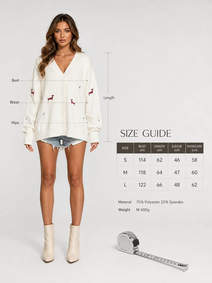 Dog Embroidery Oversized Knit Cardigan for Women, V‑Neck Button Down Long Sleeve Drop Shoulder Loose Sweater Jacket for Fall Winter Casual Outfits