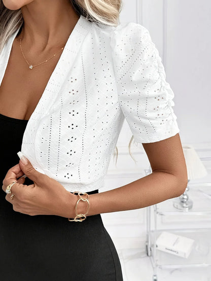 Elegant White Short Sleeve Bohemian Style Women's Jacket Mini Length Fashionable Top for Ladies