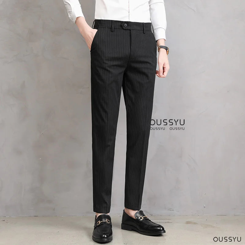 England Stripe Pattern Formal Dress Slim Fit Pants Men Summer Thin Light Gray Black Breathable Skinny Casual Trousers Male