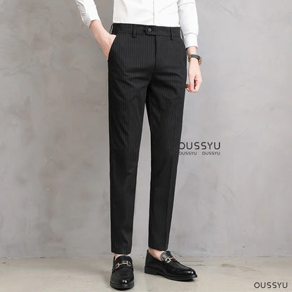 England Stripe Pattern Formal Dress Slim Fit Pants Men Summer Thin Light Gray Black Breathable Skinny Casual Trousers Male