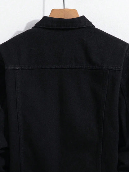 Men's spring-autumn denim jacket. Black minimalist coat. Daily casual. Stylish and trendy style.