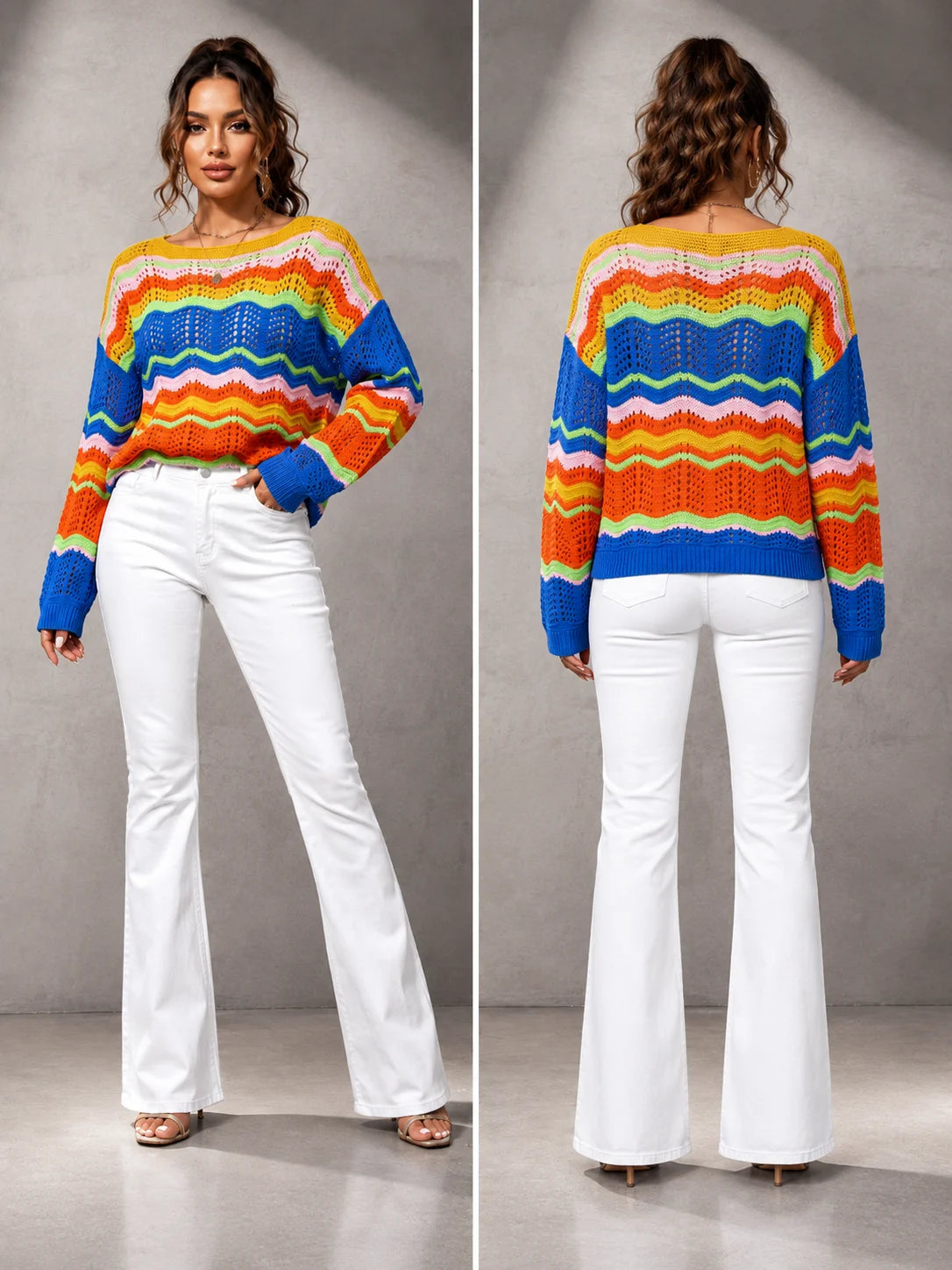 Colorful Wave Stripe Crochet Knit Sweater for Women, Hollow Out Long Sleeve Crewneck Loose Pullover Top, Y2K Retro Bohemian Sweater