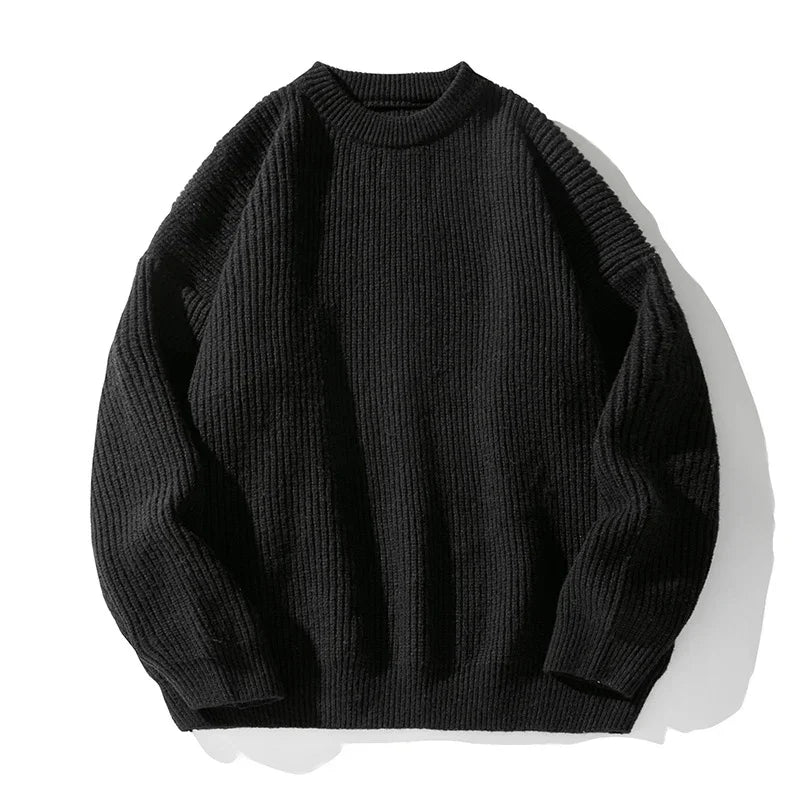TFETTERS Brand Black Knitwear for Men Baggy 2026 Winter New Polyester Japan Sweaters Male Retro O Neck Classics Couples Clothing