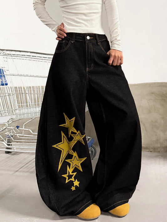 American Retro Star and Letter Embroidery Black Baggy Cocoon Pants Women