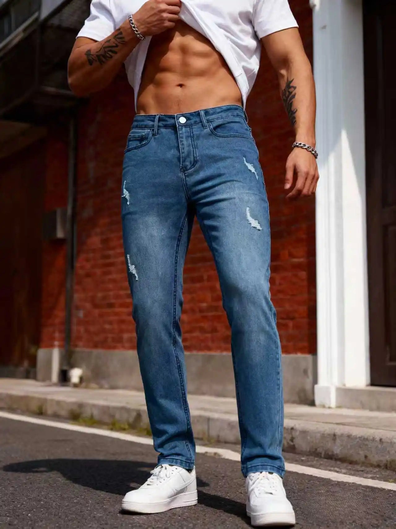 Men's Ripped Jeans, Slim Fit Stretch Denim Pants,