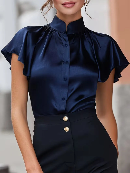 Women's Short Sleeve Satin Blouse Stand Collar Ruffle Shoulder Button Down Shirt Elegant Office Wear Top