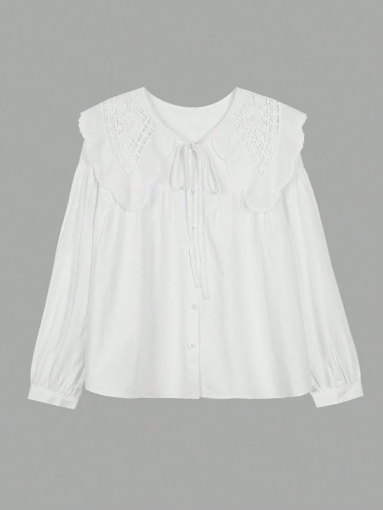 Women's Casual Loose Doll Collar Blouse, Elegant Lace Trim Peter Pan Collar Shirt, Sweet Daily Top for Spring Summer