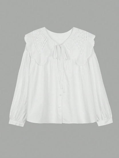 Women's Casual Loose Doll Collar Blouse, Elegant Lace Trim Peter Pan Collar Shirt, Sweet Daily Top for Spring Summer