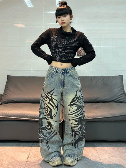 American-Style Vintage Washed Distressed Totem Print Loose Jeans, Street Fashion Trendy Versatile High-Waist Wide-Leg Pants For Women