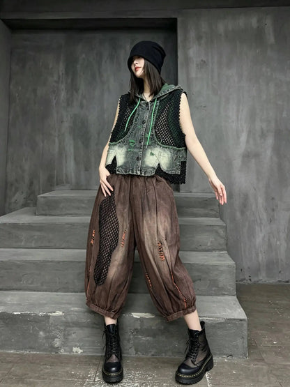 Trendy Cool Thin Denim Jeans Patchwork Mesh Wide-leg Pants Women Summer Loose Fashion Pant LX5815