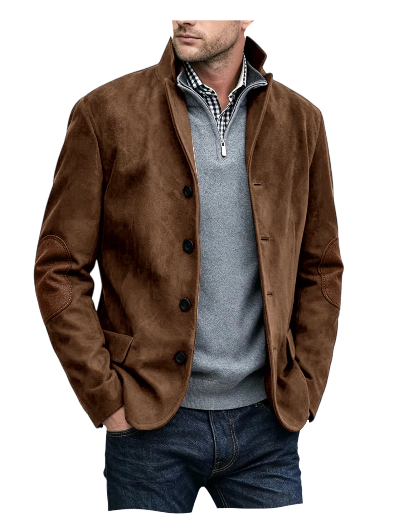 Vintage Men's Suede Blazer Notch Lapel Elbow Patches Slim Fit Jacket Business Casual Men Fashion Outerwear for Spring Autumn