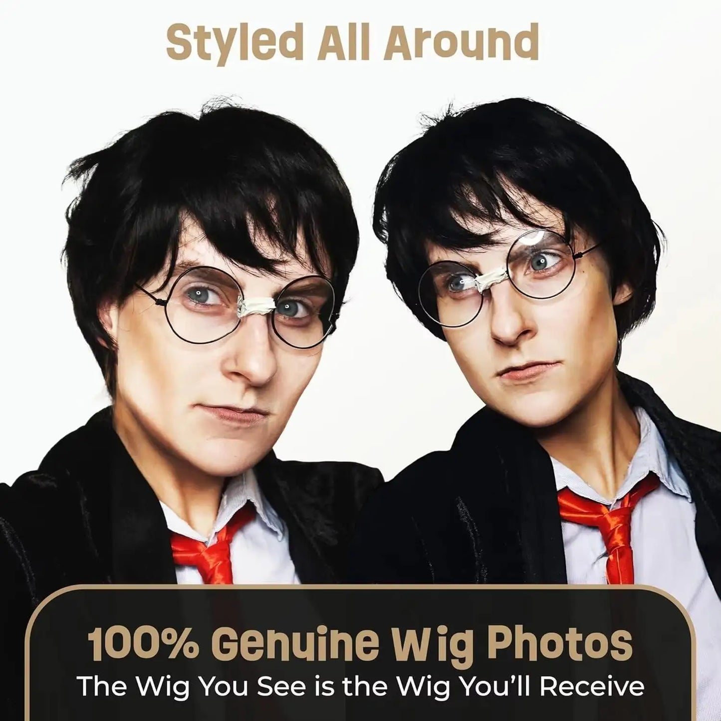 Boy Wizard Wig Glasses Character Set Short Black Wigs Adults | Compatible with Harry Potter Synthetic Wig