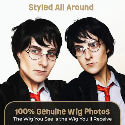 Boy Wizard Wig Glasses Character Set Short Black Wigs Adults | Compatible with Harry Potter Synthetic Wig
