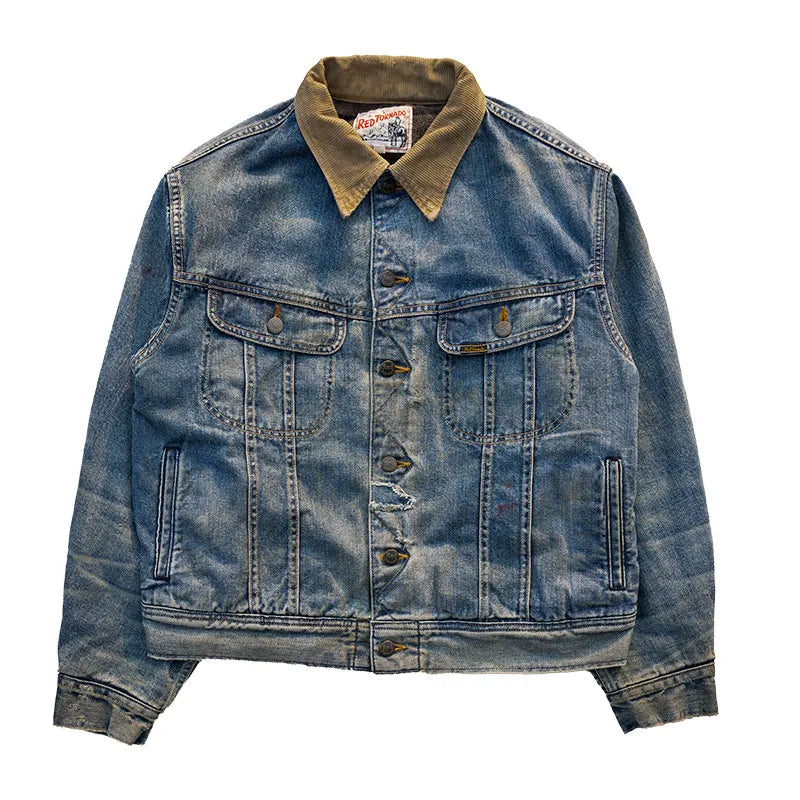 Red Tornado Distressed Denim Jacket with Blanket Lining Vintage Wash Motorcycle Style Crop Rider Trucker Jacket