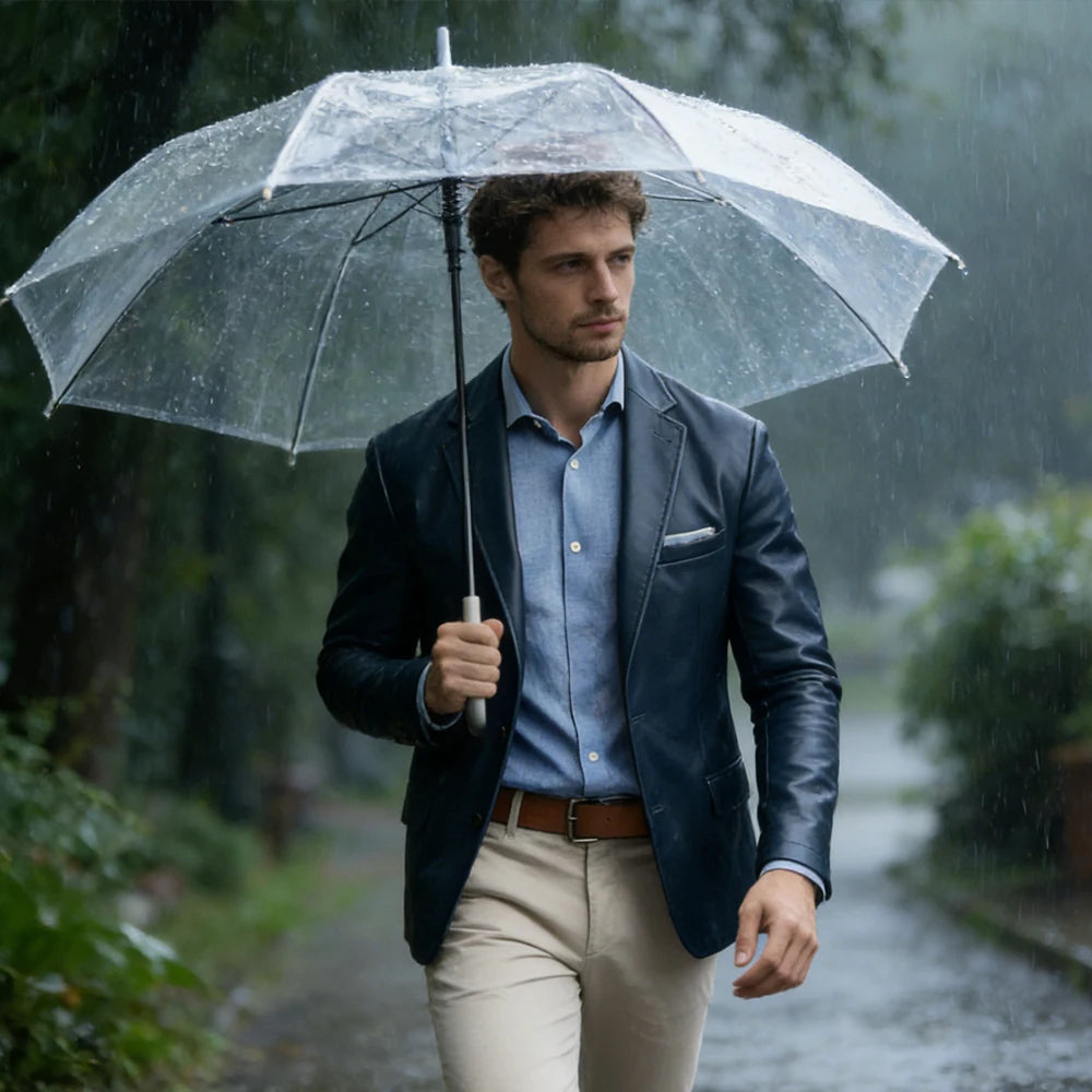 Men's Faux Leather Blazer Notch Lapel Flap Pockets Slim Fit Suit Jacket Coats For Casual Business Wedding Party