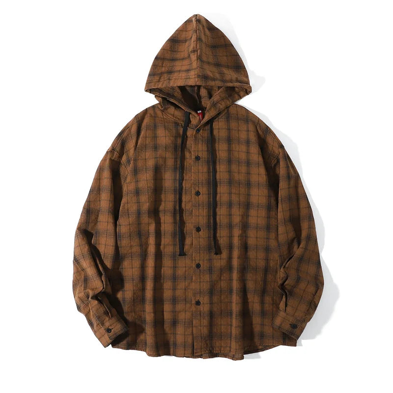 Unisex Oversized Hooded Flannel Style Plaid Mens Shirt Jacket Long Sleeve Button Down Casual Lightweight Jacket for Spring Fall