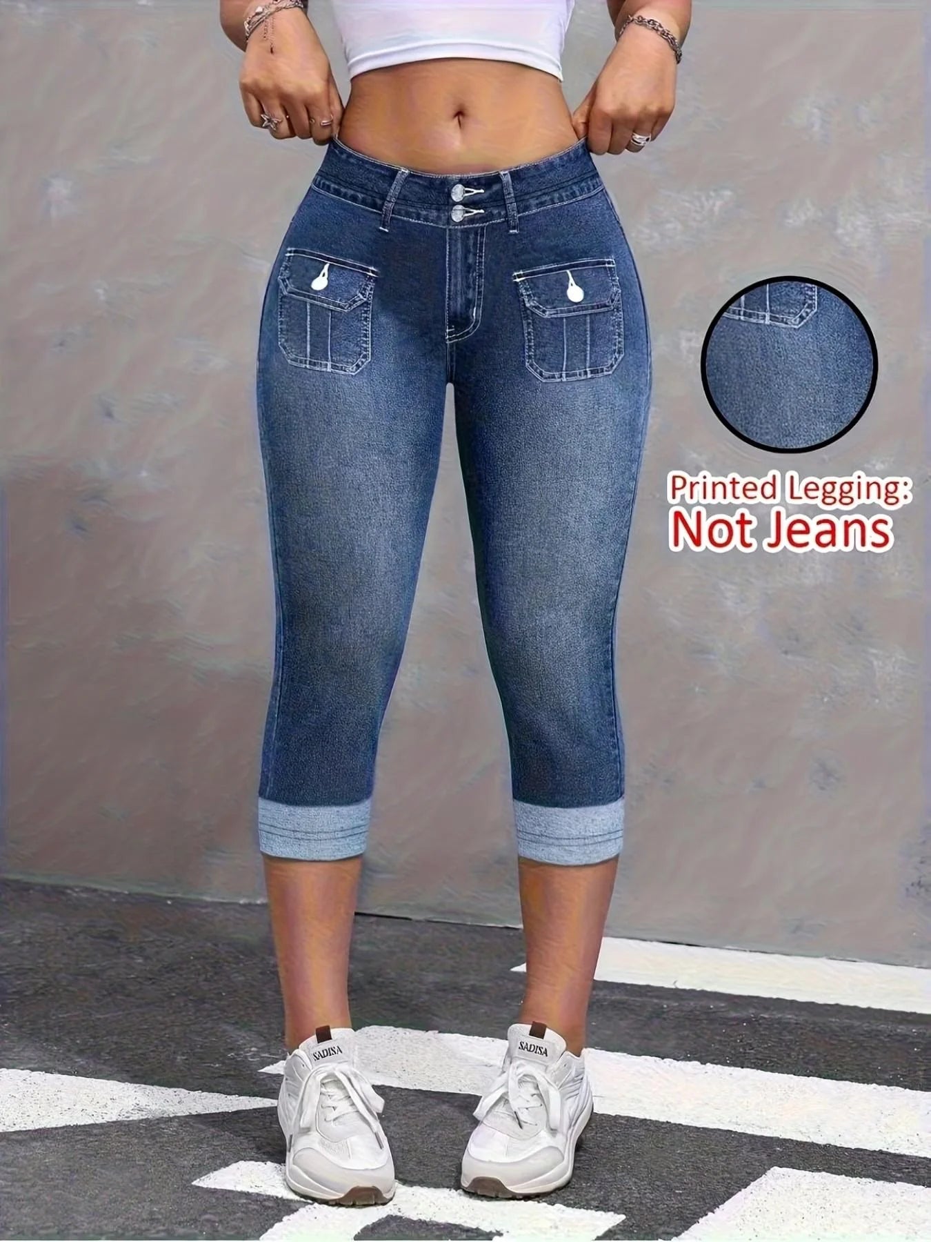 7188Women's faux denim printed capri leggings, non-denim casual skinny pants, thin breathable sports casual yoga pants