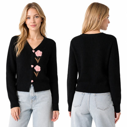 3D Crochet Floral V Neck Knit Cardigan for Women, Long Sleeve Heart Button Cropped Sweater Coat, Sweet Cute Knitwear for Fall Daily Casual Outfit