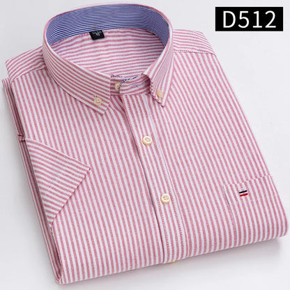 New Men's Social Shirt Short Sleeve 100% Pure Cotton Oxford Soft Buttoned Plaid Formal Male Clothes Pocket Social Shirt S-7XL