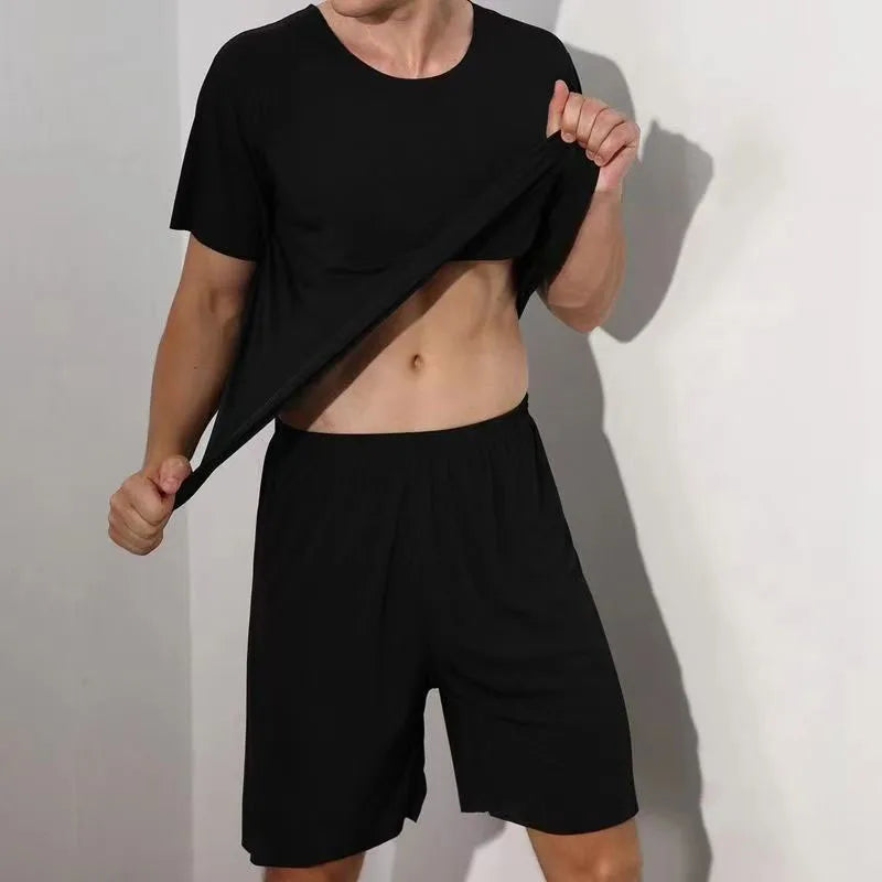 Men's Two-Piece Summer Thin Section Senior Ice Silk Feeling Round Neck Solid Color Short Sleeve Suit Sports Casual Homewear
