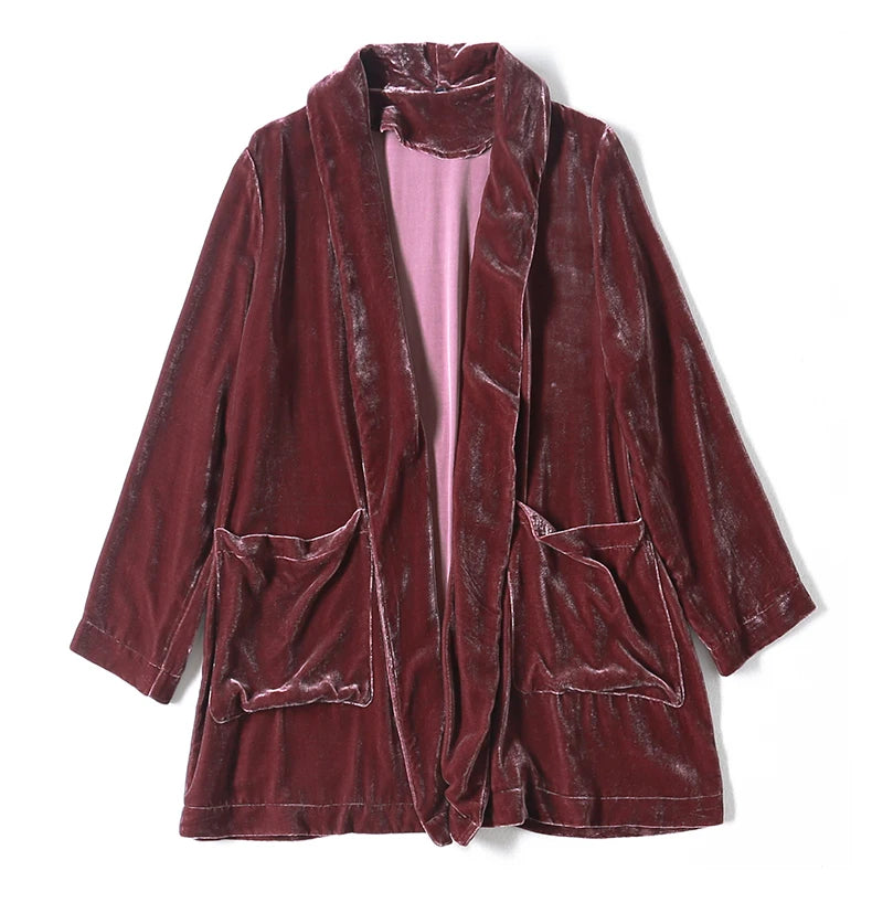 Mulberry Silk Velvet Lady Coat Blue Cardigan Lace-up Top Temperament Generous Business Leisure Outdoor Travel Spring and Autumn
