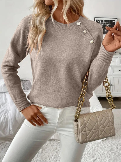 Women Asymmetrical Gold Button Crew Neck Knit Sweater, Soft Solid Long Sleeve Casual Pullover Jumper For Spring Autumn Daily Wear