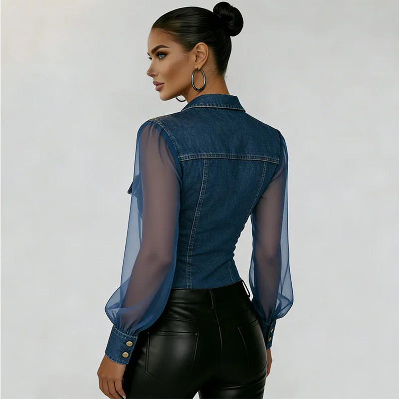 Vintage Chic Denim Sheer Mesh Blouse Women Trend Long Sleeve Button Down Lapel Chest Pockets Fitted Casual Daily Wear Top 2026
