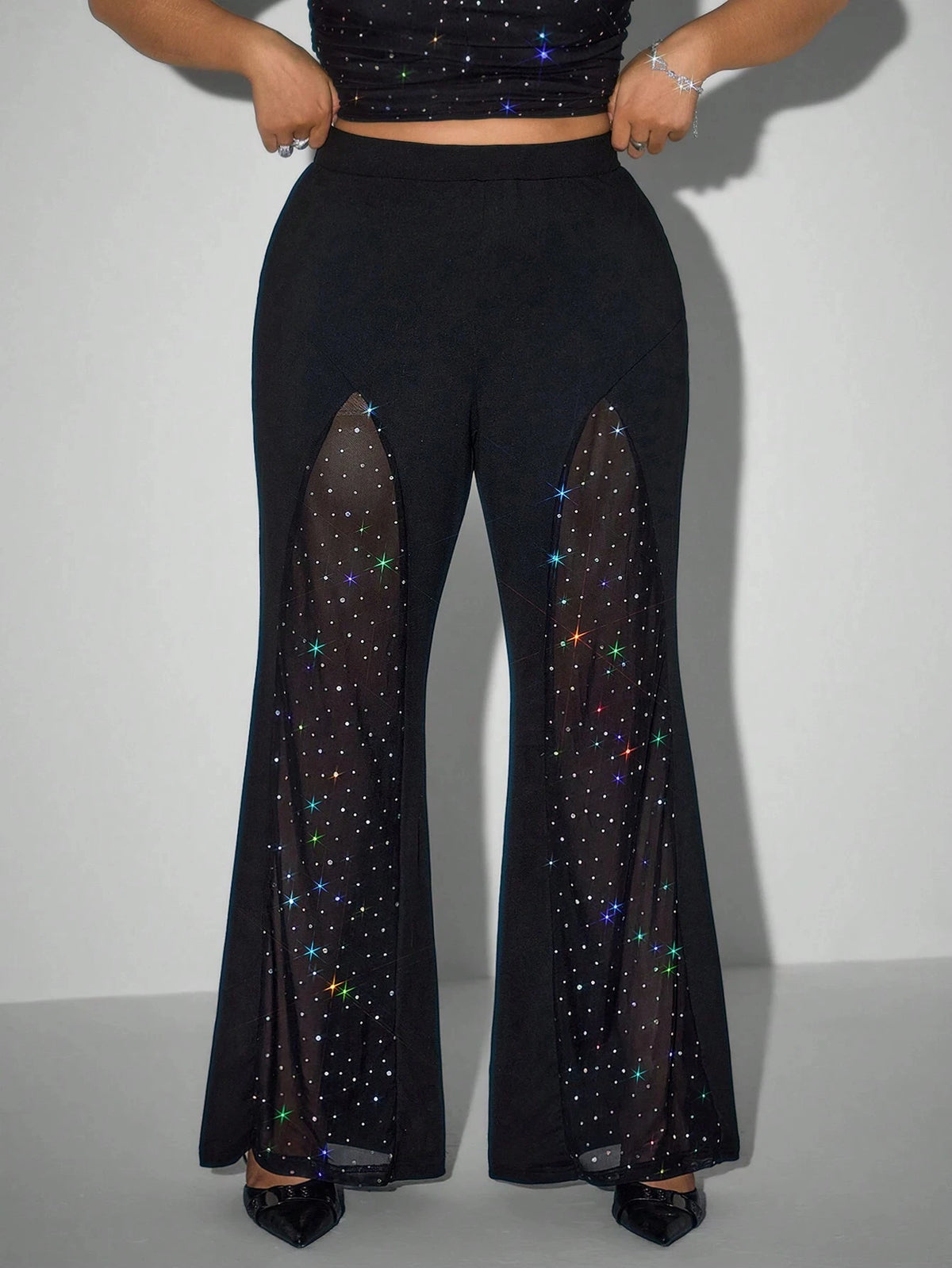 Plus Size Women Mesh Rhinestone Flare Pants High Waist See Through Sparkly Bell Bottom Trousers Night Club Party Black Pants