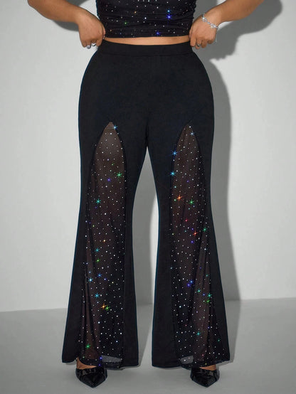 Plus Size Women Mesh Rhinestone Flare Pants High Waist See Through Sparkly Bell Bottom Trousers Night Club Party Black Pants