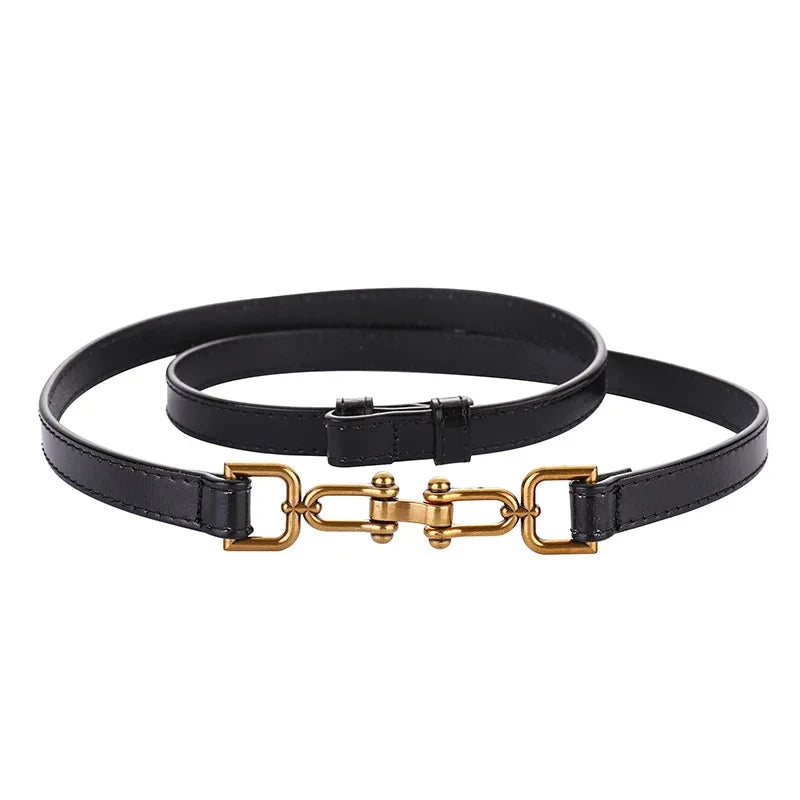 Women's Adjustable Thin Leather Belt, Genuine Leather Waist Belt with Decorative Fashion Buckle for Coats and Dresses