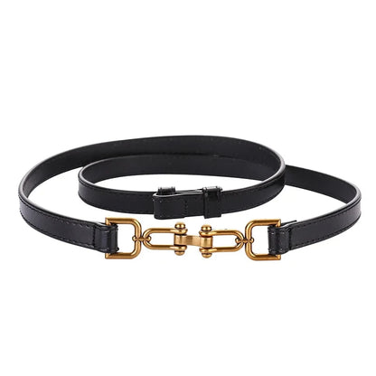 Women's Adjustable Thin Leather Belt, Genuine Leather Waist Belt with Decorative Fashion Buckle for Coats and Dresses