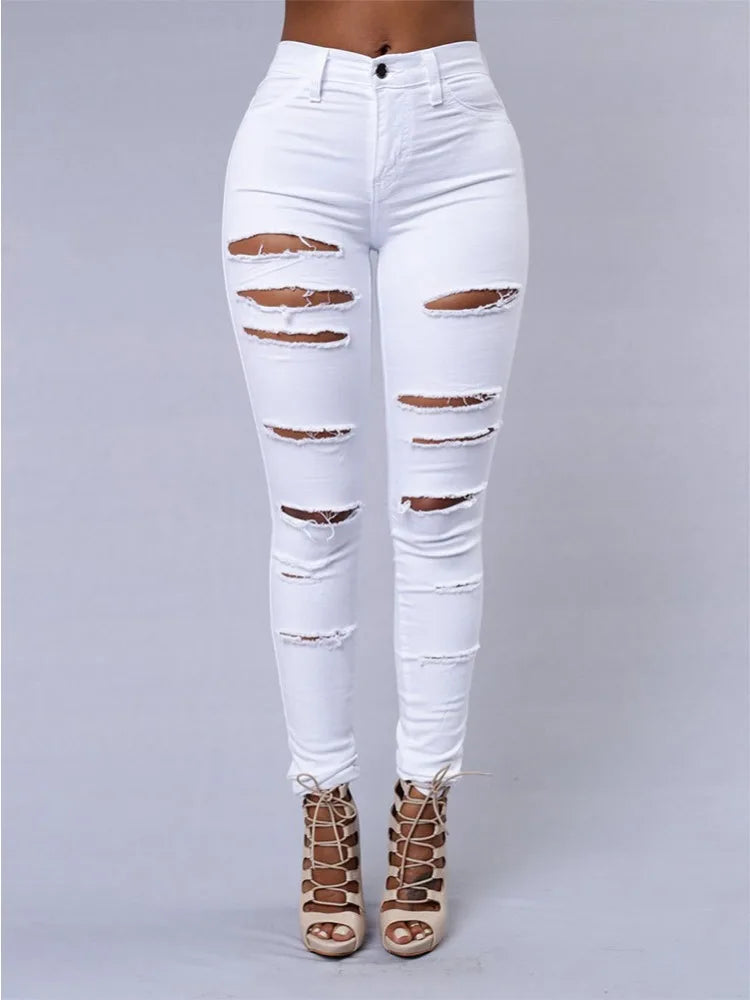 Fashionable Women's Versatile Solid Color Jeans European and American Holed Jeans Minimalist Slim Fit Pencil Pants