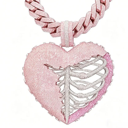Iced Out Synthesis Zircon Broken Heart Skeleton Pendant, Two Tone Hip Hop Necklace, Men's Bling Gothic Jewelry for Gift Unique