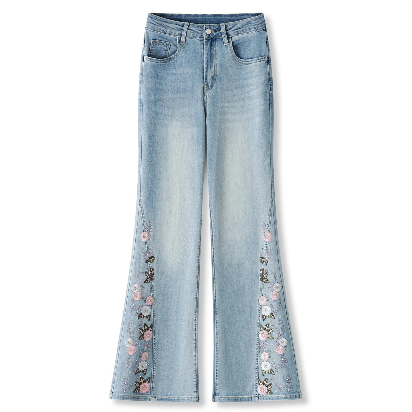 ZJYT Floral Embroidery Flared Jeans Women High Street Fashion Spring Summer Blue Denim Pants Trousers Casual Female Bottoms 2026