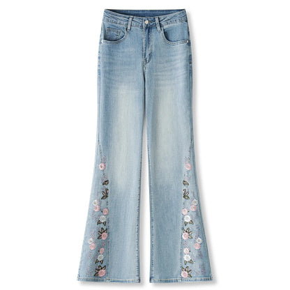 ZJYT Floral Embroidery Flared Jeans Women High Street Fashion Spring Summer Blue Denim Pants Trousers Casual Female Bottoms 2026