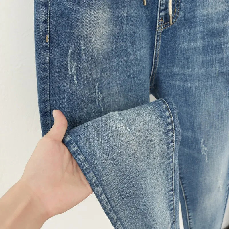 Spring summer Large size jeans women's stretch fat sister nine-point pants were thin high waist pants Big 5xl 6XL