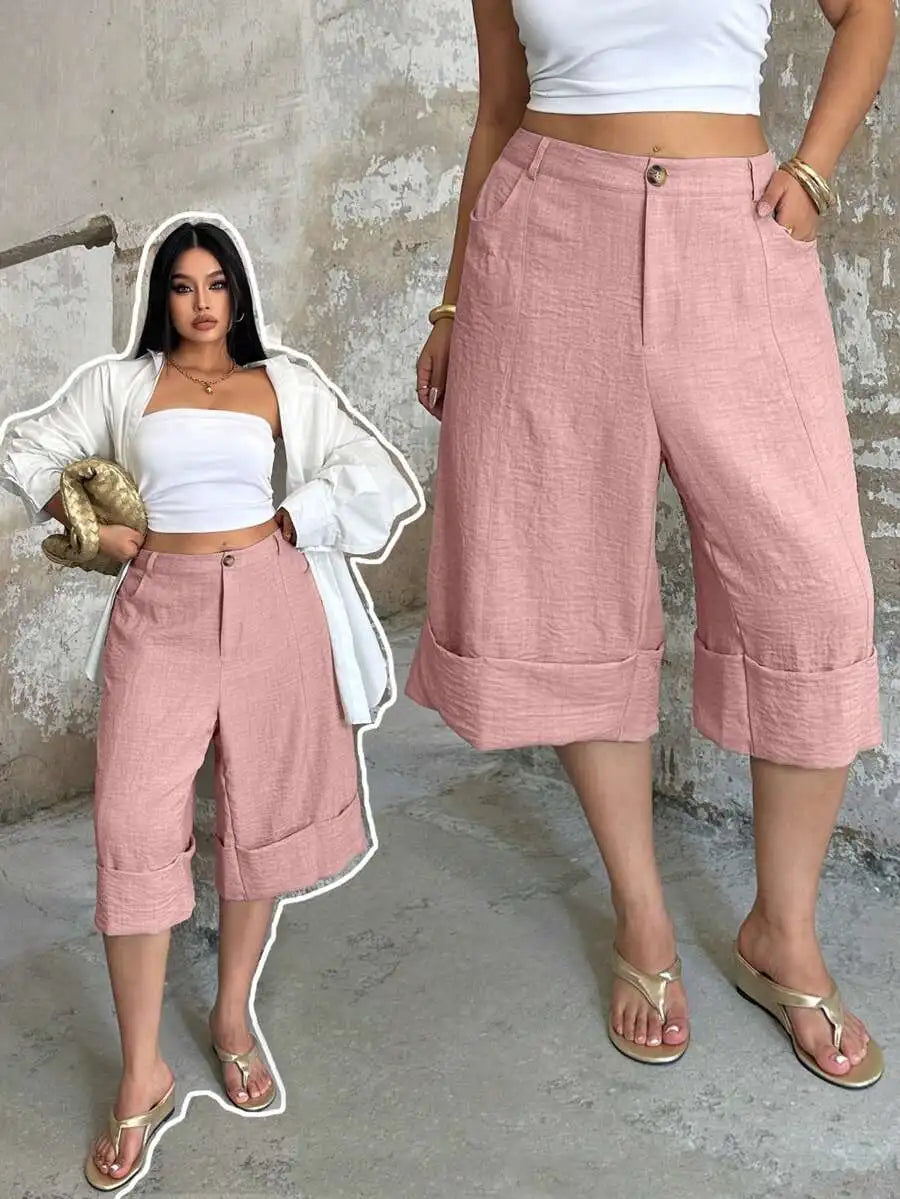 POPSWAY New Elegant Fashion Casual Design Cuffed Hem Capri Length High Waist Wide Leg Pants