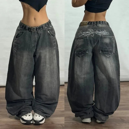 Y2K New Fashion Pink Pattern Patch Loose Jeans Women Gothic Harajuku Hip Hop Casual Joker Wide Leg Denim Trousers