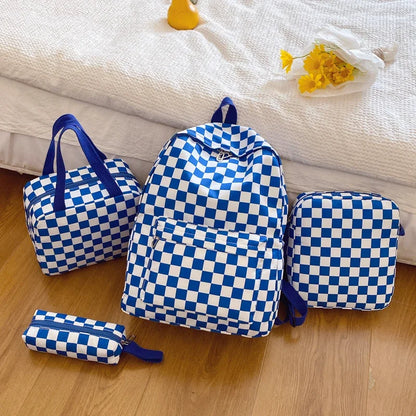 Checkerboard 4Pcs Backpack Set Crossbody &handbag &Pen Case Stitching Multi Pocket Adjustable Straps
