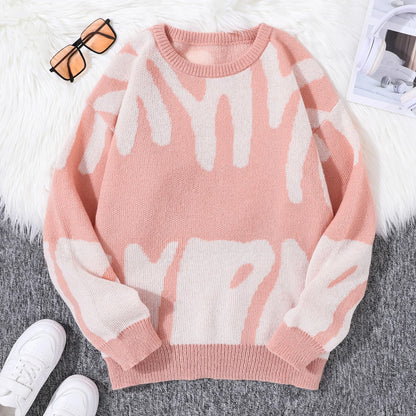 New Trendy Autumn and Winter Irregular Jacquard Pattern Pullover Sweater Casual Round Neck Color-Blocking Knit Men's Pullover