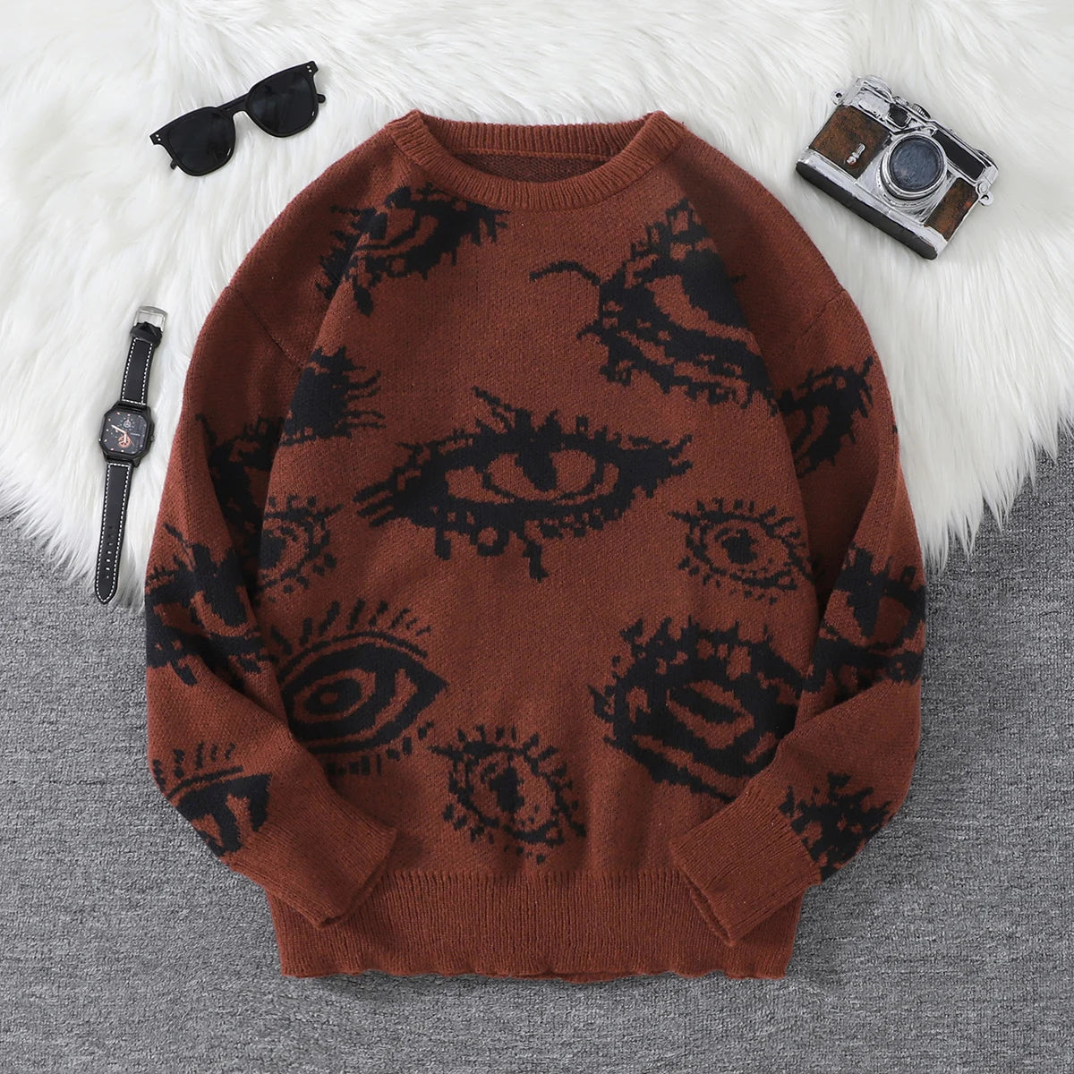 New Trendy Autumn and Winter Abstract Eye Jacquard Pattern Pullover Sweater Casual Round Neck Knitted Men's Pullover